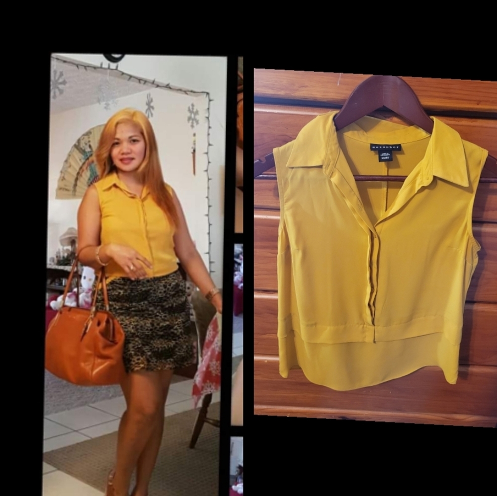 Metaphor mustard button front collared sleeveless  blouse